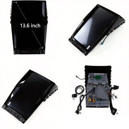 13.6-inch Android car head unit display with rear wiring harnesses and plug-and-play connectors.