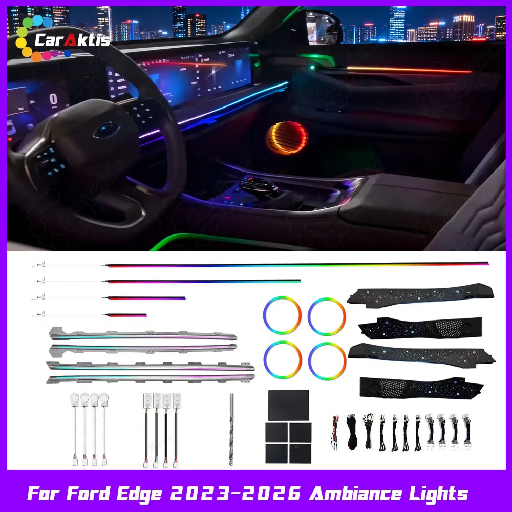 Premium 64-color Symphony dynamic ambient light system glowing in a Ford Edge 2023-2026 interior cabin at night.