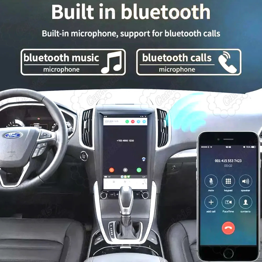 Bluetooth hands-free phone calling interface on Ford Edge vertical touch screen car stereo.