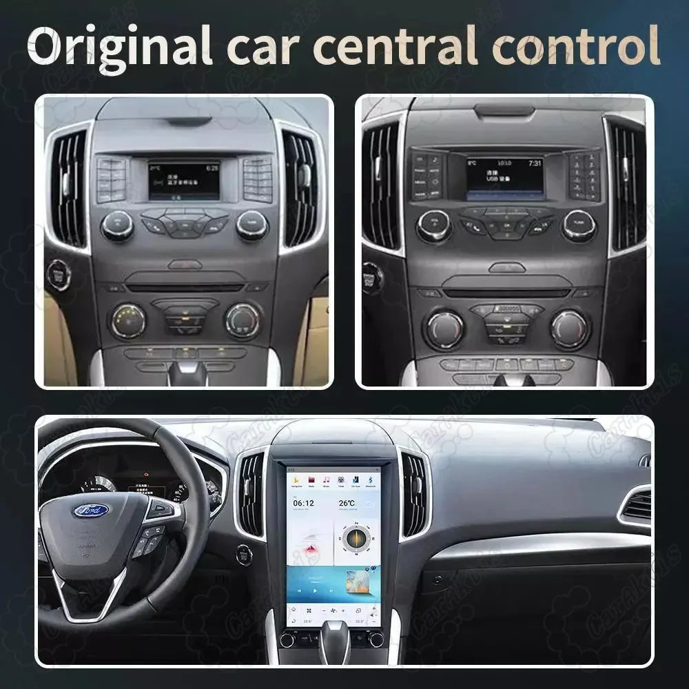 Before and after comparison of replacing the original central control radio with a large touchscreen unit in Ford Edge.