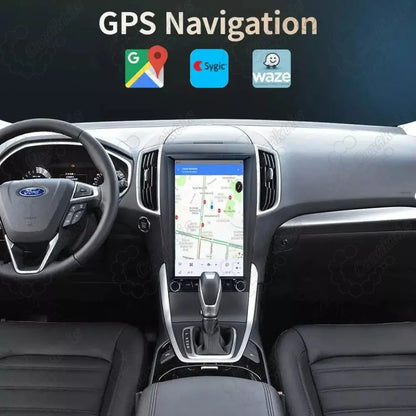 GPS navigation map route displayed on vertical car radio screen supporting Waze and Google Maps.