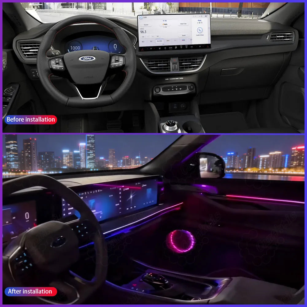 Side-by-side comparison of a Ford Edge dashboard before and after installing the 1:1 replacement electroplated silver Symphony ambient light.