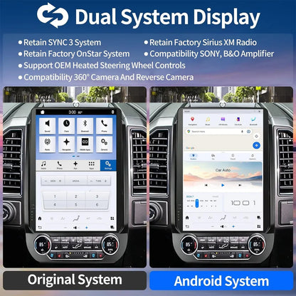 Dual system display interface showing retention of Ford original SYNC 3 system alongside the Android multimedia system.