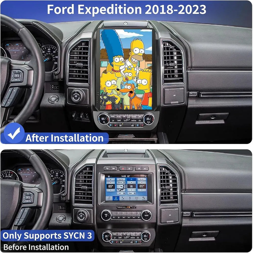 Before and after comparison of replacing the original Sync 3 radio with a 14.4-inch Tesla screen unit in Ford Expedition 2018-2023.