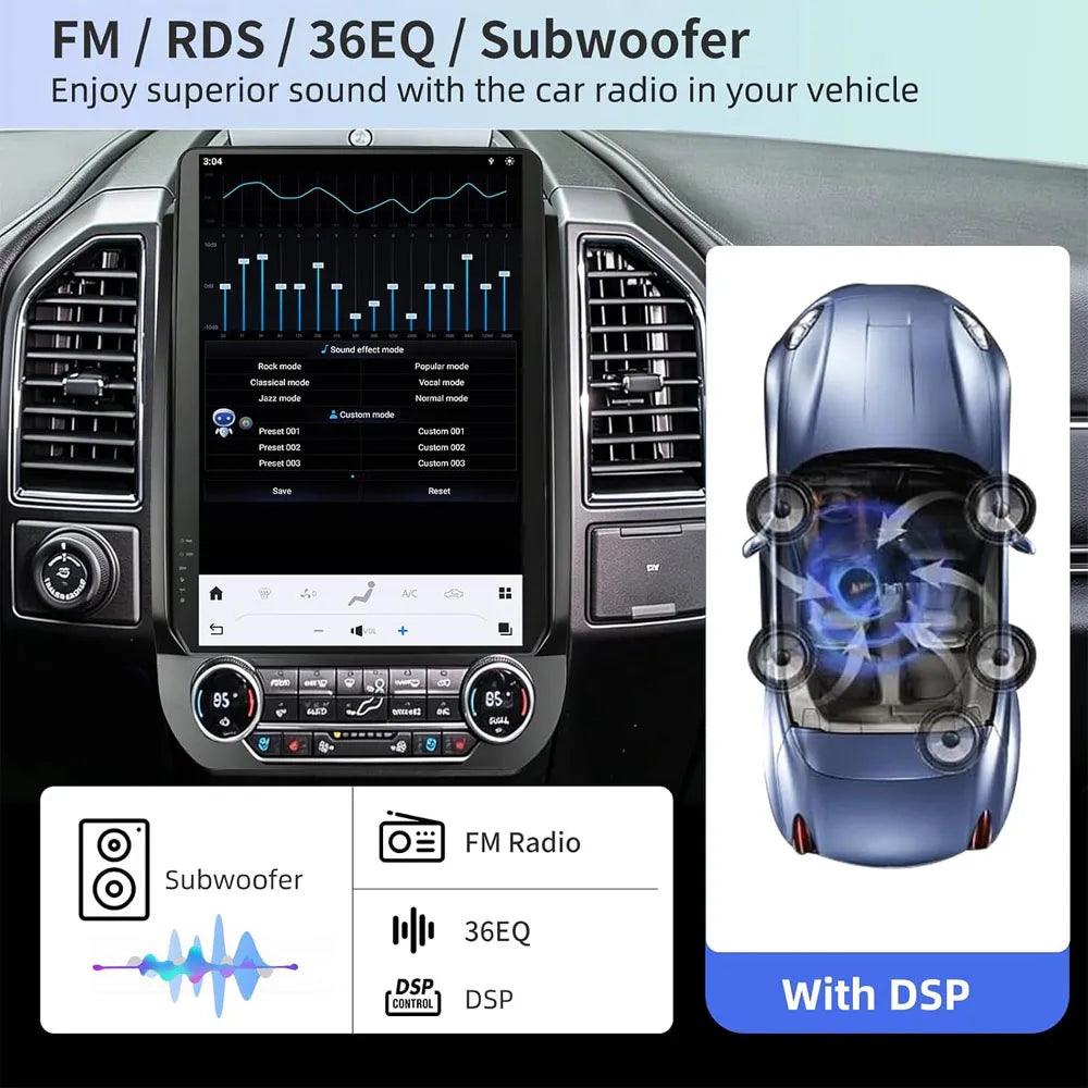 Built-in DSP sound equalizer interface with 36-band EQ adjustment, subwoofer control, and FM RDS radio on car head unit screen.