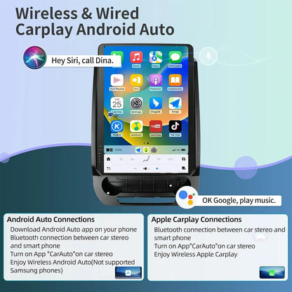 Wireless Apple CarPlay and Android Auto setup with Siri and Google Assistant voice command prompts on vertical touchscreen.