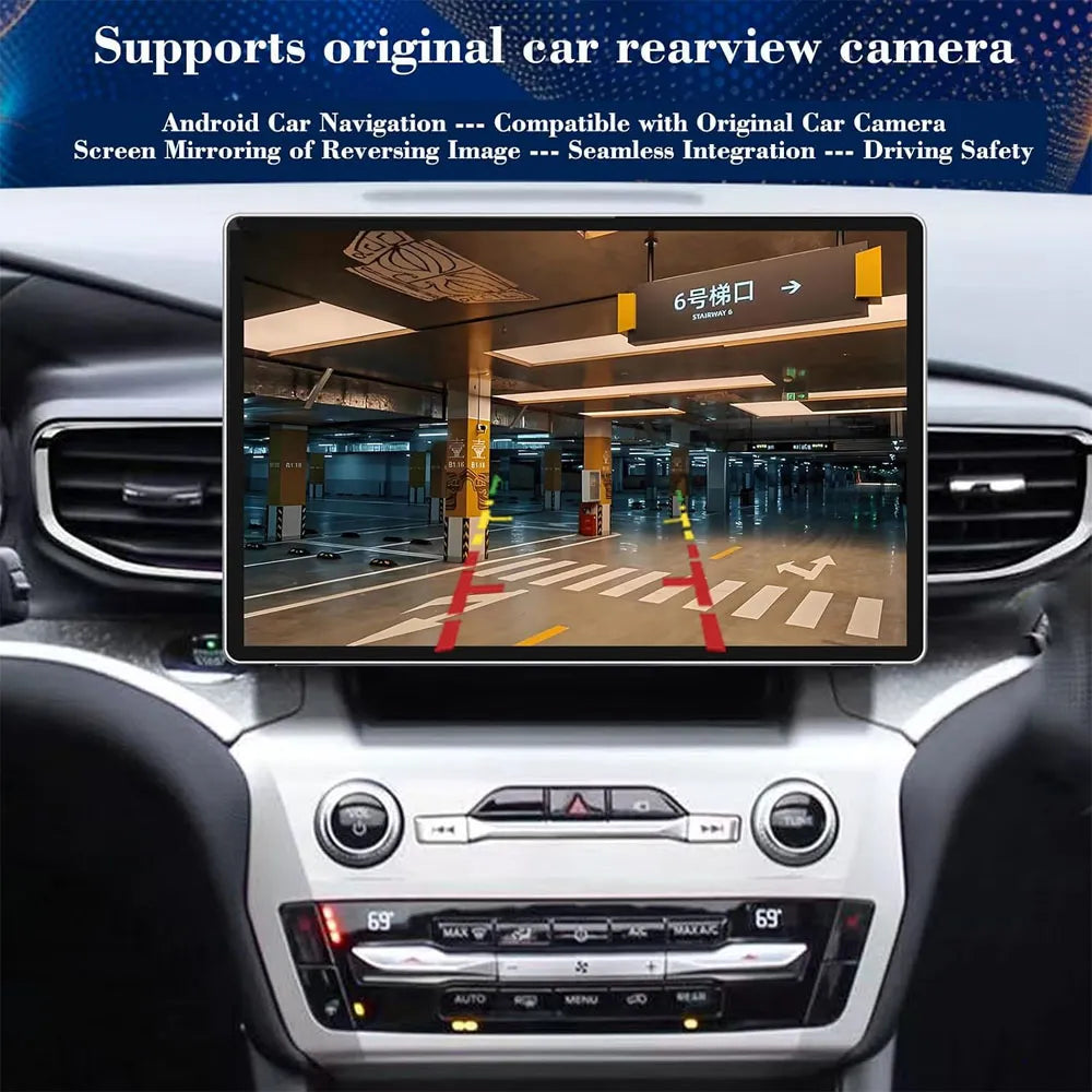 Ford Explorer 13.1 inch Android screen supporting original OEM rearview camera and parking guidelines.