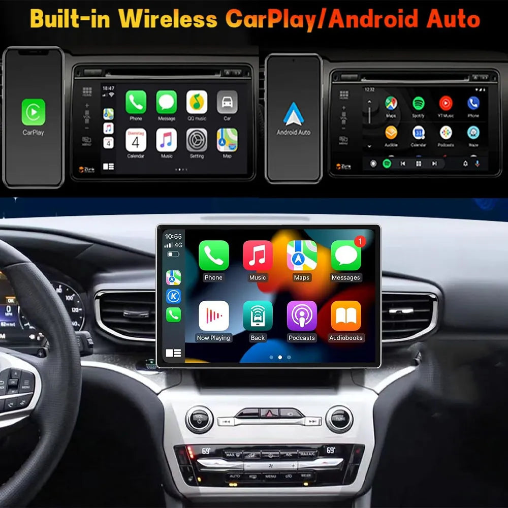 Built-in wireless Apple CarPlay and Android Auto smartphone connection on Ford head unit display.