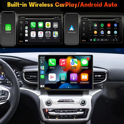 Built-in wireless Apple CarPlay and Android Auto smartphone connection on Ford head unit display.