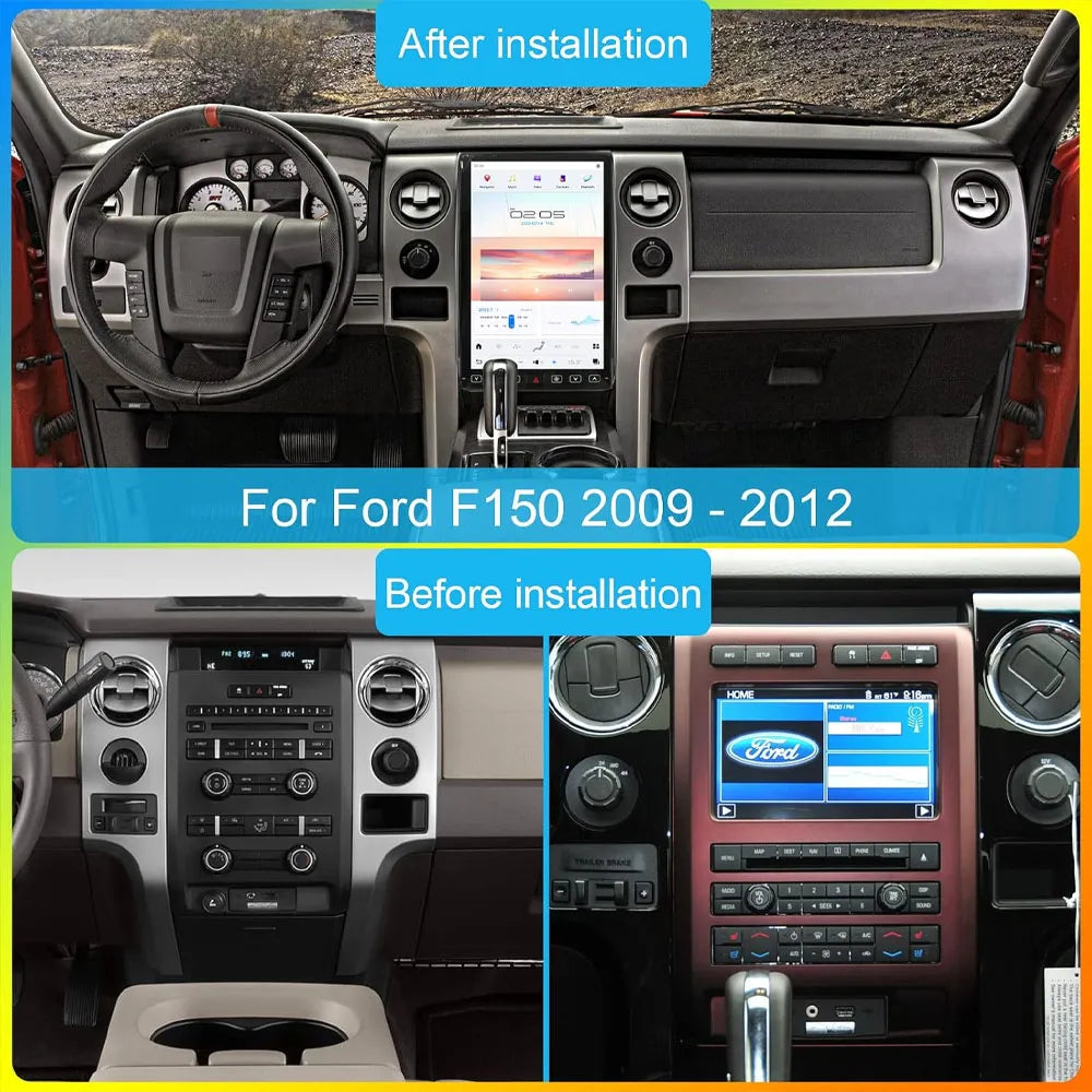 Before and after installation comparison of vertical Tesla screen upgrade for Ford F150 2009-2012.