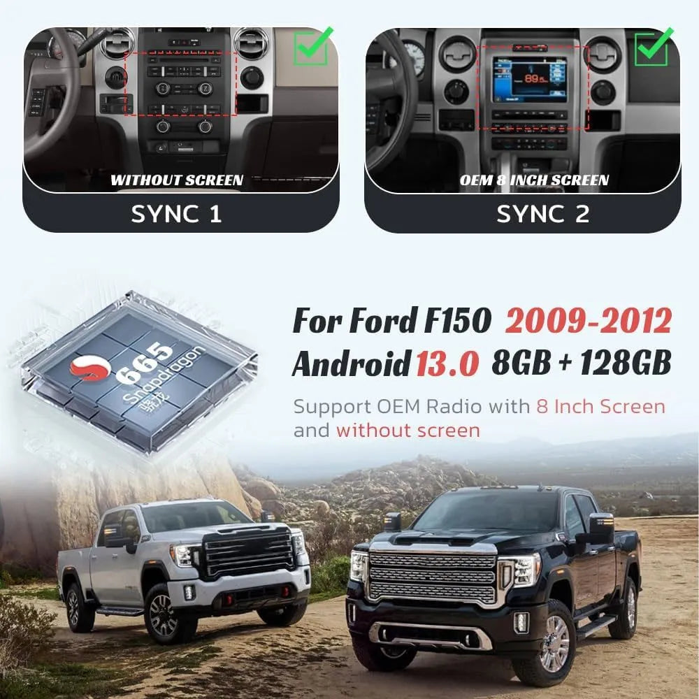 Snapdragon 665 Android 13 head unit with 8GB RAM 128GB ROM for Ford F150 2009-2012 models.