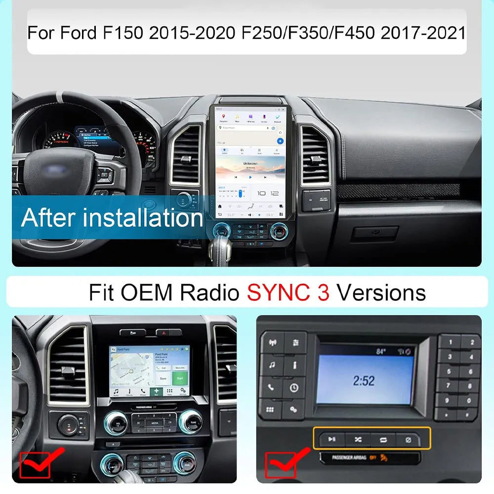 Tesla-style Android screen upgrade for Ford F150 2015-2020 compatible with factory SYNC 3 versions.