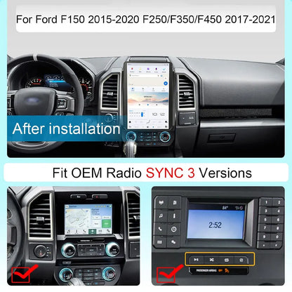 Tesla-style Android screen upgrade for Ford F150 2015-2020 compatible with factory SYNC 3 versions.