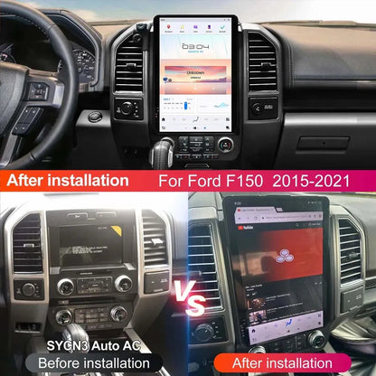 Before and after installation comparison of Tesla screen for Ford F150 2015-2021 with SYNC 3 auto AC.