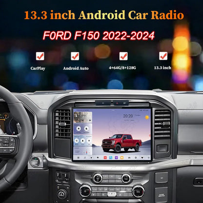 13.3 inch Android car radio touchscreen stereo upgrade installed in Ford F150 2022-2024 dashboard.