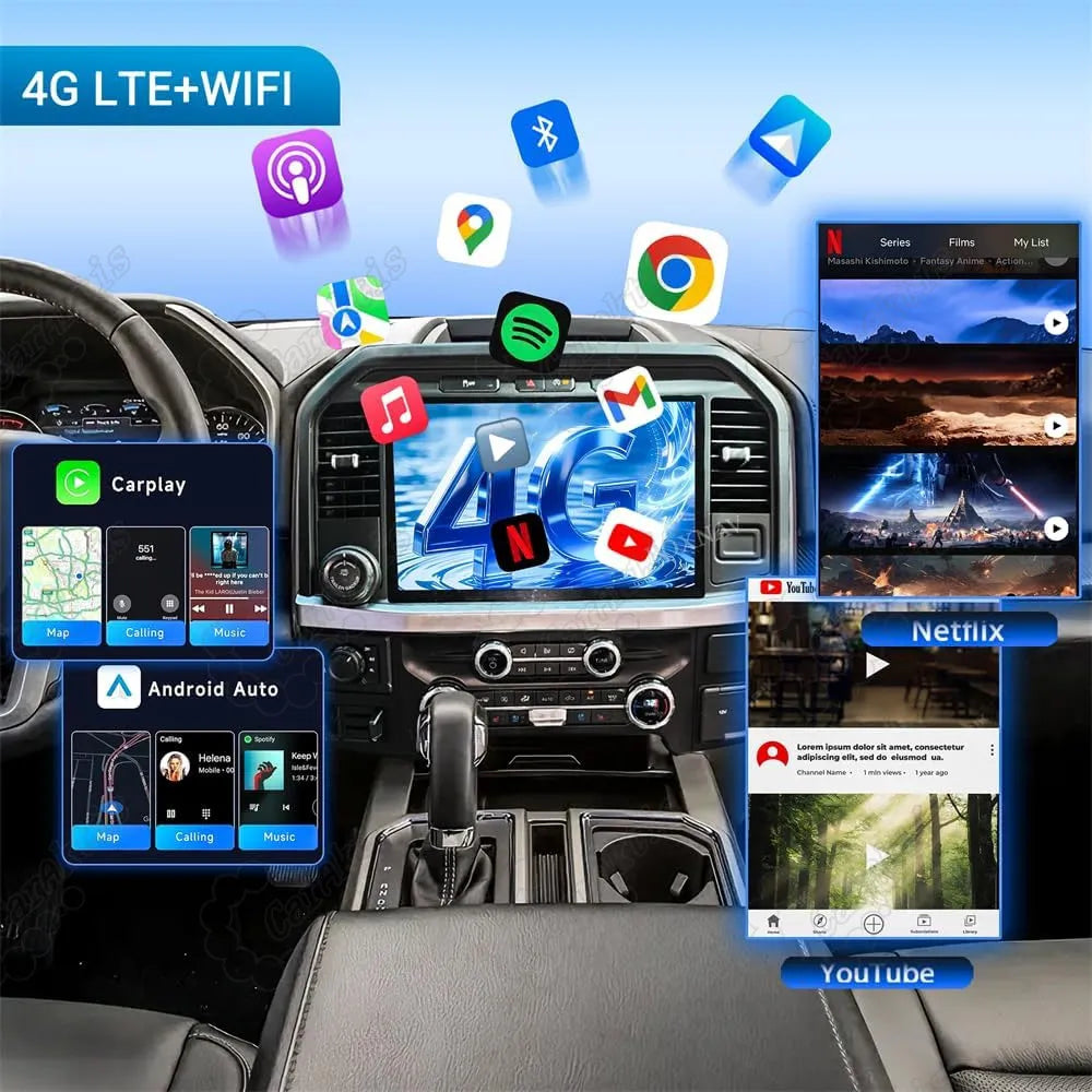 Android car radio supporting 4G LTE, WiFi, CarPlay, and streaming apps like YouTube and Netflix.