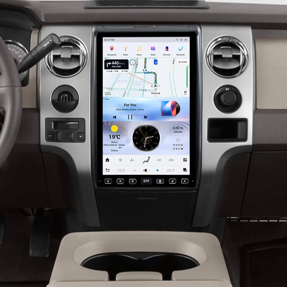 Tesla-style vertical Android screen head unit with map navigation installed in Ford F150 dashboard.