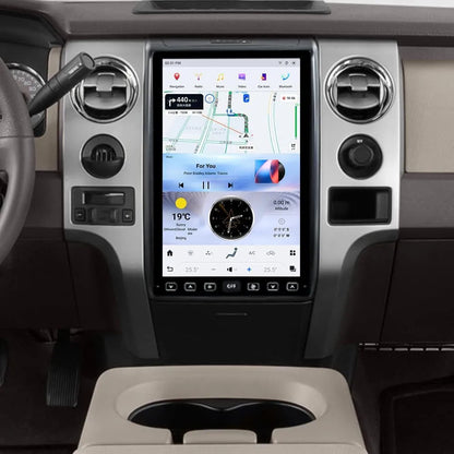Tesla-style vertical Android screen head unit with map navigation installed in Ford F150 dashboard.
