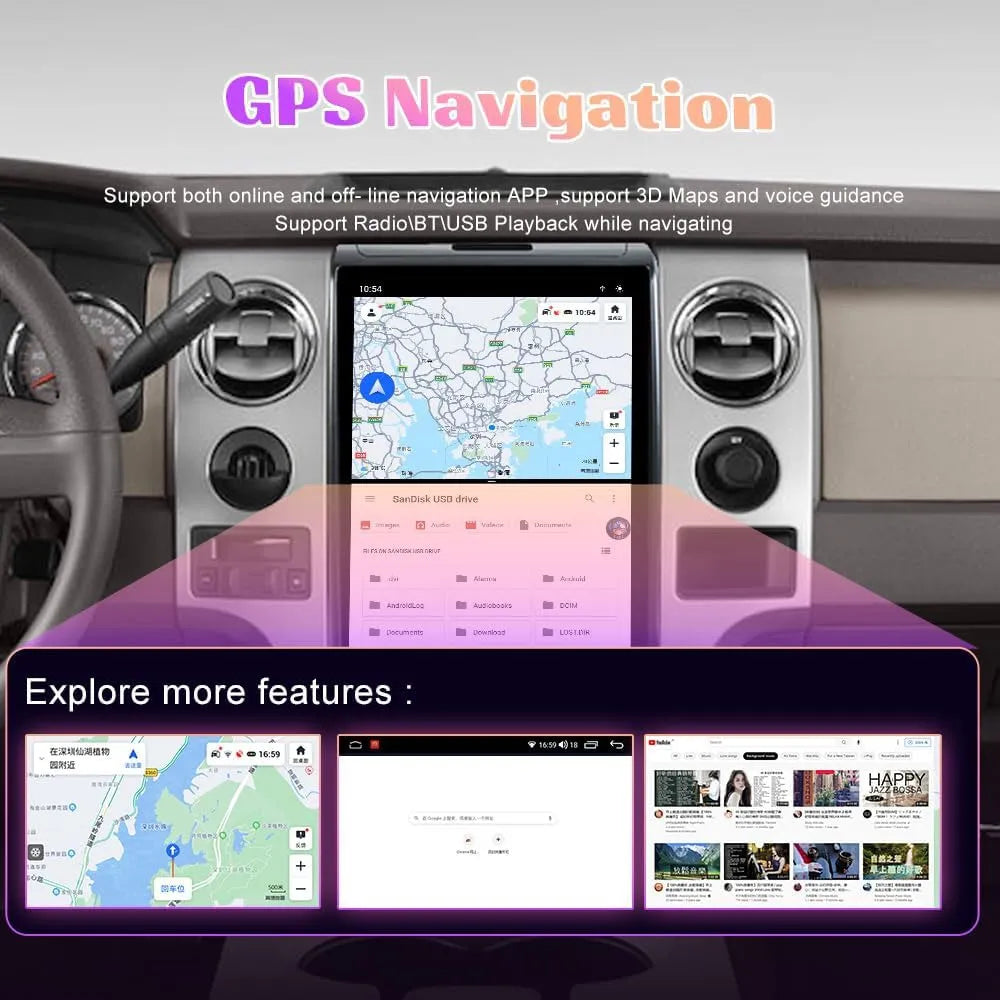 Android car stereo for Ford F150 supporting 3D GPS navigation, offline maps, and media playback.