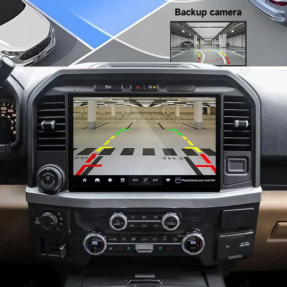 Rearview backup camera parking assistance view displayed on the car stereo screen.