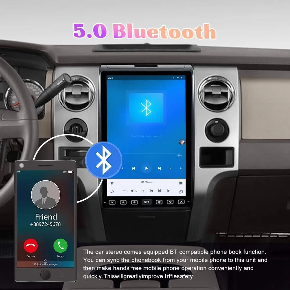Bluetooth 5.0 hands-free call and wireless audio streaming on Ford F150 Android touchscreen radio.