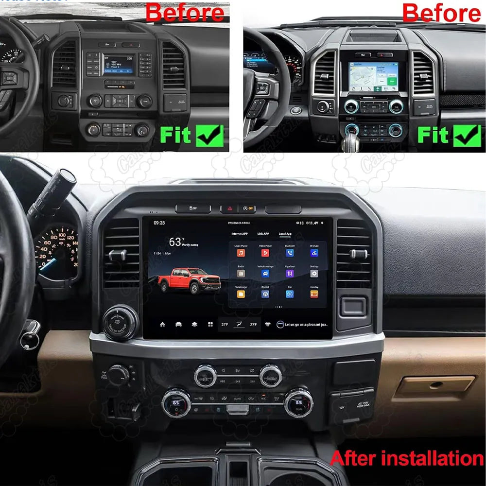 Before and after comparison of installing an upgraded touchscreen head unit in a Ford F-150.