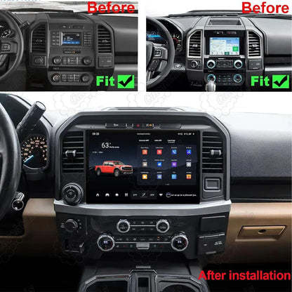 Before and after comparison of installing an upgraded touchscreen head unit in a Ford F-150.