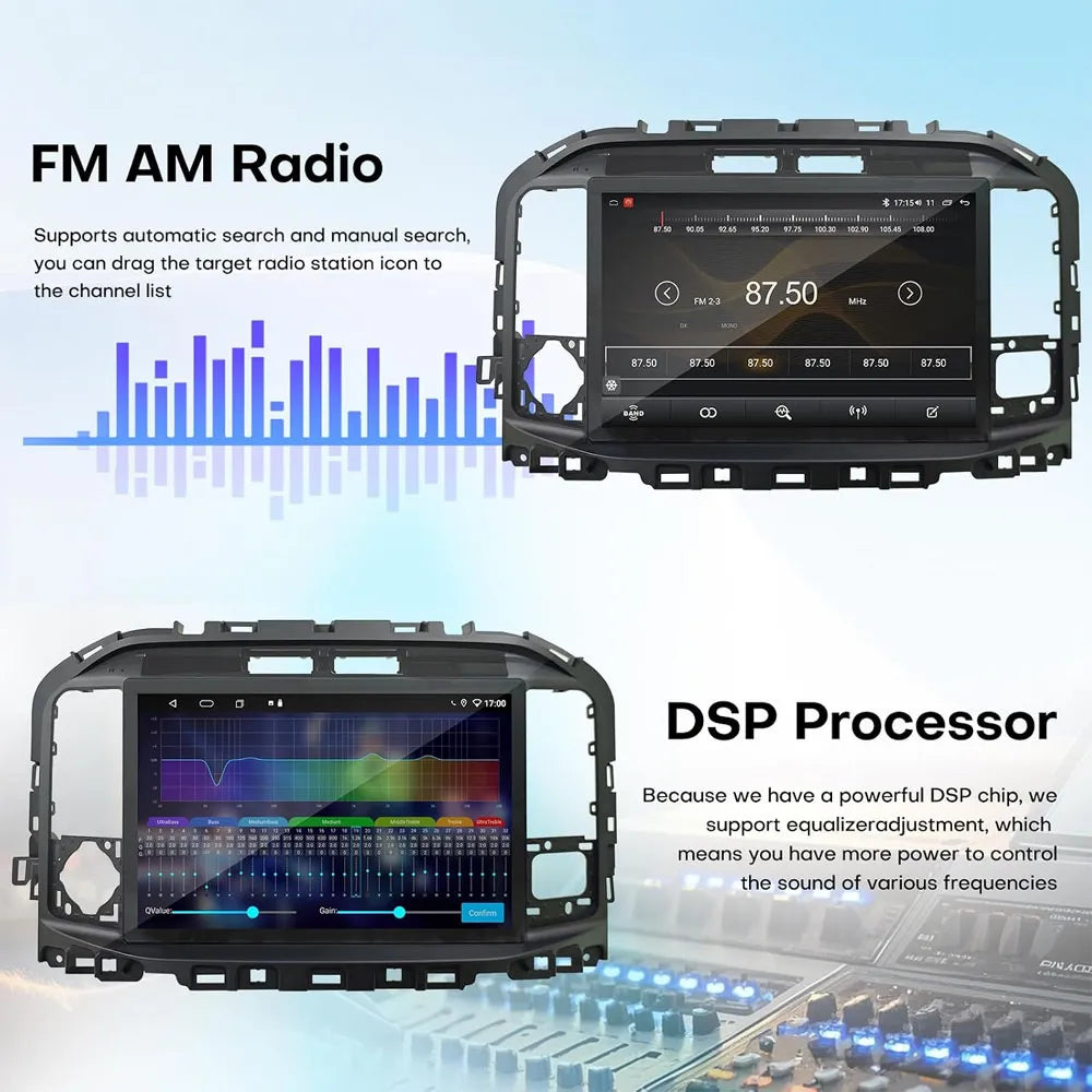 FM/AM radio tuner and built-in DSP audio processor with equalizer settings for Ford F150.