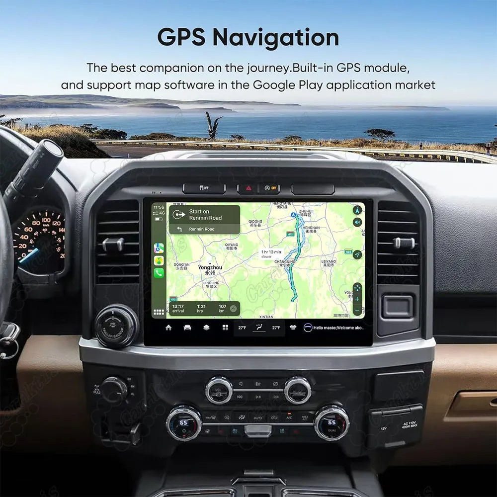 In-dash car radio screen showing real-time GPS navigation map route in a Ford F-150.