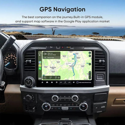 In-dash car radio screen showing real-time GPS navigation map route in a Ford F-150.