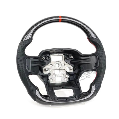 Custom gloss carbon fiber steering wheel for Ford F-150 Raptor (2015-2026), featuring black perforated leather grips, red 12 o&