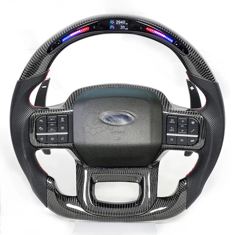 Performance LED carbon fiber steering wheel for Ford F-150 Raptor (2015-2026) featuring gloss black finish, real-time shift light indicator, and sporty red stitching.
