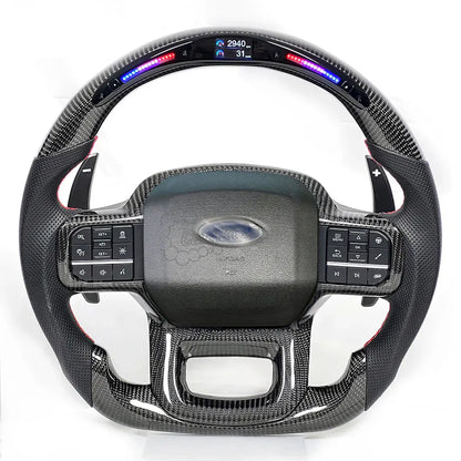 Performance LED carbon fiber steering wheel for Ford F-150 Raptor (2015-2026) featuring gloss black finish, real-time shift light indicator, and sporty red stitching.