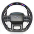 Performance LED carbon fiber steering wheel for Ford F-150 Raptor (2015-2026) featuring gloss black finish, real-time shift light indicator, and sporty red stitching.