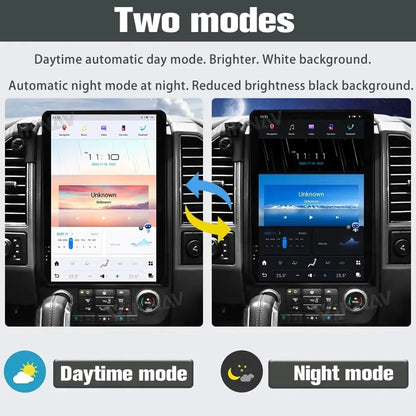 Automatic day mode and night mode brightness adjustment on Ford F150 Tesla-style vertical screen.