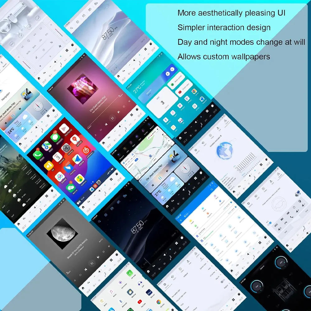 Multiple UI design themes and custom wallpapers on Ford F150 Tesla-style Android radio display.
