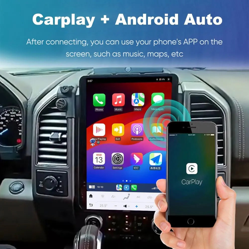 Wireless Apple CarPlay interface displayed on Ford F150 Tesla-style vertical screen head unit.
