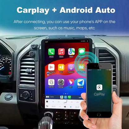Wireless Apple CarPlay interface displayed on Ford F150 Tesla-style vertical screen head unit.