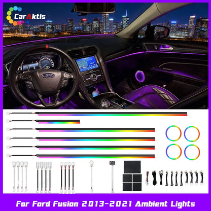 Chasing RGB LED interior ambient lighting kit installed in a Ford Fusion (2013-2021) cabin, glowing in vivid colors.