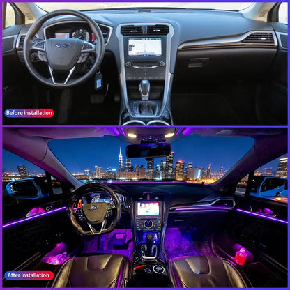 Side-by-side comparison of Ford Fusion interior before and after installing the hidden chasing LED light strips upgrade.
