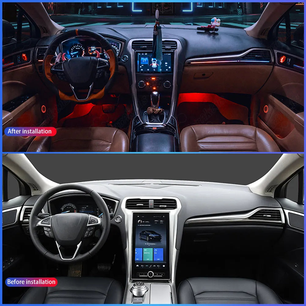 Side-by-side comparison of a Ford Fusion interior before and after installing CarAkits dynamic ambient lighting, showing the transition from a dark cabin to a vibrant luxury interior.