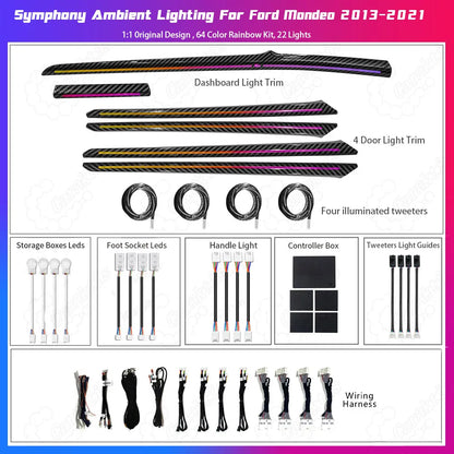 A high-quality white background product shot showing the complete CarAkits ambient lighting kit for Ford Mondeo/Fusion, including LED strips, main controllers, sub-controllers, and plug-and-play wiring harnesses.