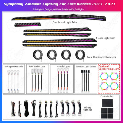 Optional RGB LED speaker ring light kit for Ford Fusion and Mondeo, synchronized with the main ambient lighting system for a high-end audio visual experience.