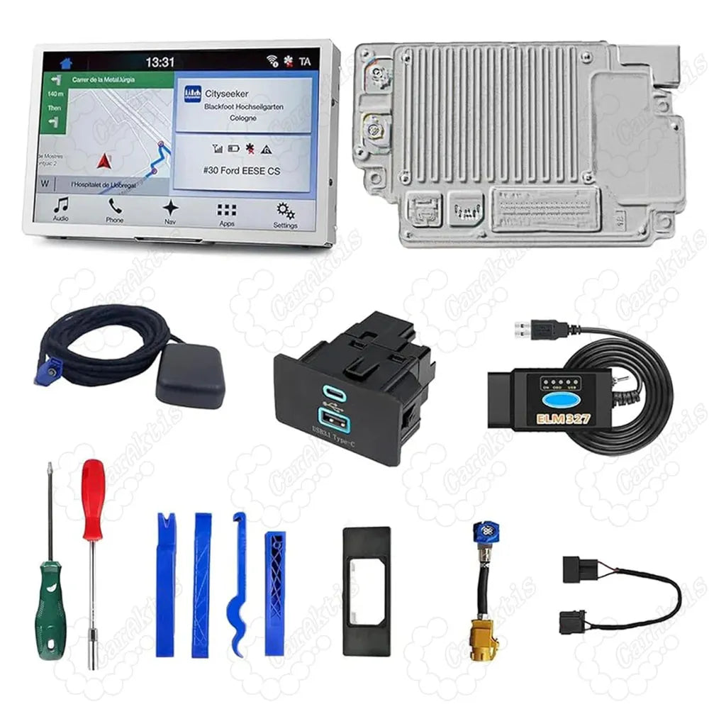 Complete SYNC 2 to SYNC 3 upgrade kit for Ford and Lincoln, including an 8-inch capacitive touch screen, latest Sync3 interface module, USB Type-C hub, GPS antenna, ELM327 OBD2 scanner, wiring harnesses, and plastic pry tools for installation.