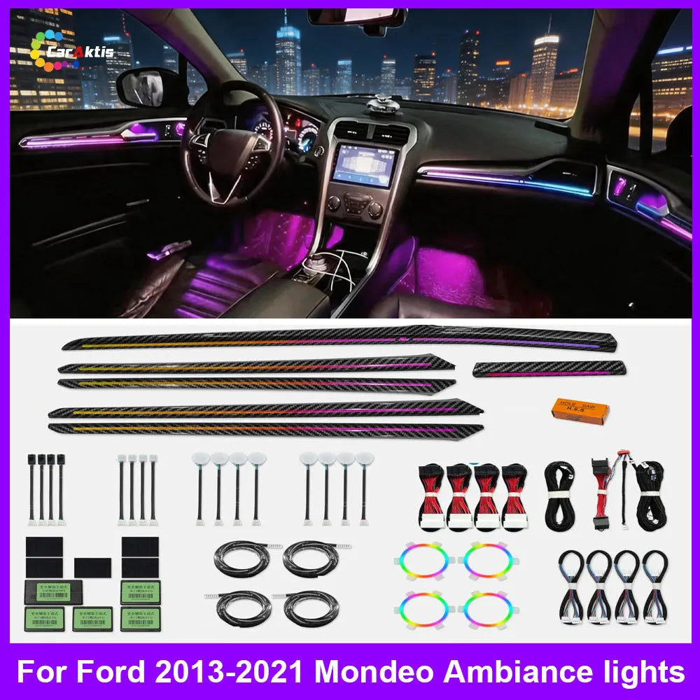 Dynamic multi-color interior ambient lighting kit for Ford Mondeo 2013-2021, featuring carbon fiber trim strips, footwell lights, and door panel LEDs.