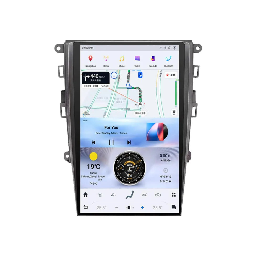 Tesla-style vertical touch screen multimedia player displaying GPS navigation and climate control for Ford Fusion