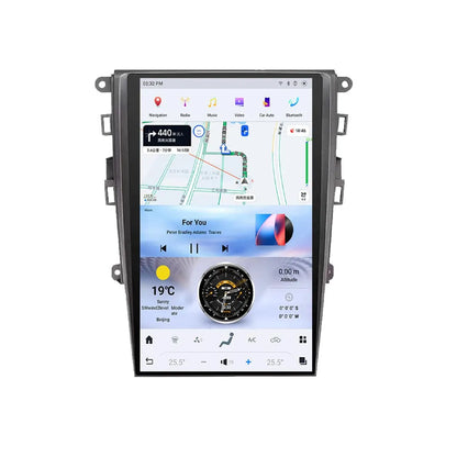 Tesla-style vertical touch screen multimedia player displaying GPS navigation and climate control for Ford Fusion