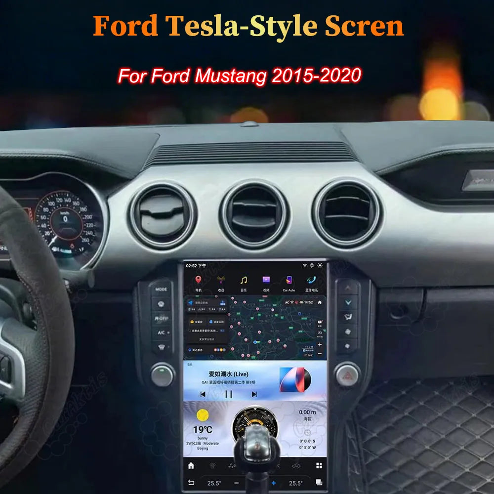 Ford Mustang 2015-2020 Tesla-style vertical Android touchscreen head unit installed in dashboard
