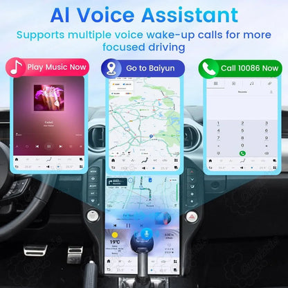 AI voice control assistant interface on Ford Mustang touchscreen for hands-free calls and music playback