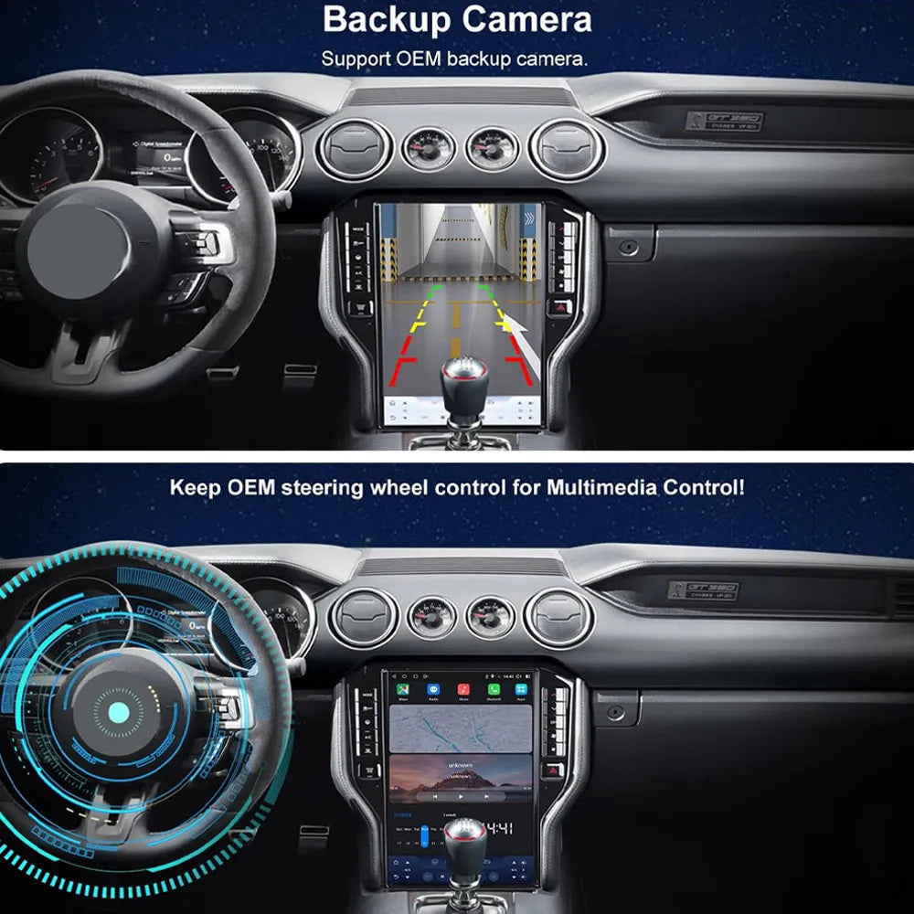 Ford Mustang Android head unit supporting OEM backup camera view and steering wheel multimedia control